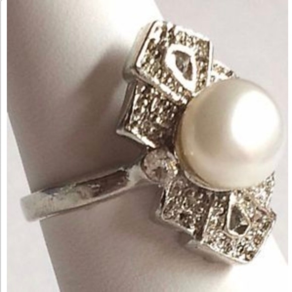 Vintage Silver Pearl Art Deco Cocktail Ring Sz 7 8 9 - Picture 2 of 8